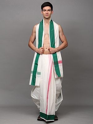White-Alyssum Plain Dhoti with Angavastram Set with Double Side Border