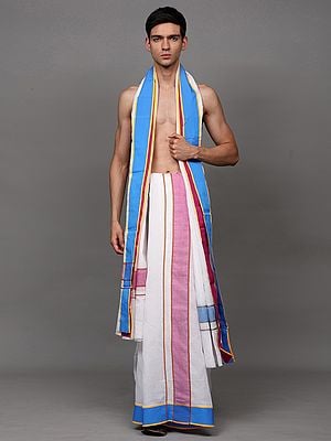 Bright-White Contrast Stripes Border Dhoti with Angavastram Set