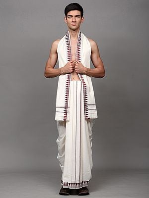 Snow-White Pure Cotton Dhoti with Angavastram Set from Sambhalpur with Thread Woven Temple Border