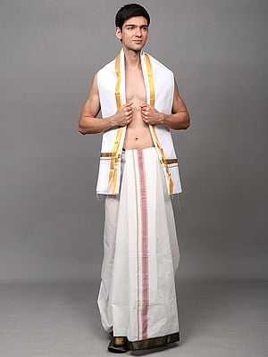 Bright-White Pure Cotton Traditional Angavastram with Golden Thread work Border