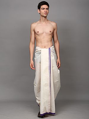 Antique-White Cotton Dhoti with Woven Stripes Border