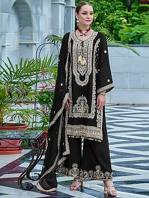 Chinon Heavy Embroidered Work Round Neck Kurta With Palazzo And Matching Dupatta