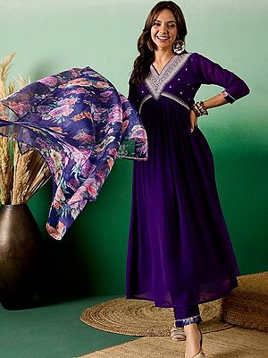 Midnight-Purple Sequins And Embroidery Work Festive Wear Viscose Chanderi Gown With Bottom And Dupatta