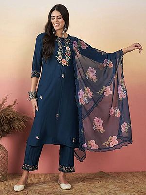 Dark-Blue-Grey Viscose Chanderi Floral Embroidery Work On Neck Kurta With Bottom And Attractive Dupatta
