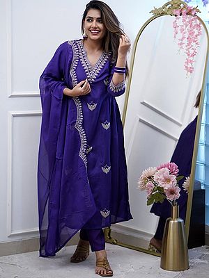 Dark-Slate-Blue Attractive Viscose Chanderi V-Neck Festive Wear Kurta With Bottom And Matching Dupatta