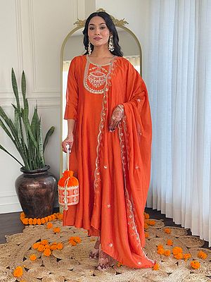 Flame-Pea Designer Viscose Chanderi Round Neck Festive Wear Long Kurta With Bottom And Dupatta