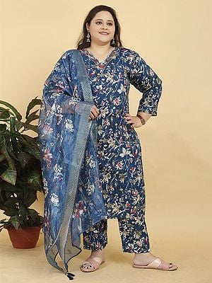 Premium Lichi Viscose V-Neck Floral Printed Kurta With Pant And Dupatta For Casual Occasion