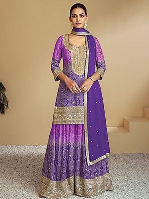 Chinon Embroidery And Sequins Work Kurti With Sharara And Dupatta For Festival Occasion