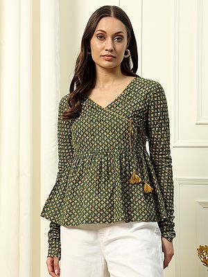 Cotton Ethnic Motifs Print Full Sleeve And V-Neck Fancy Top For Party Occasion