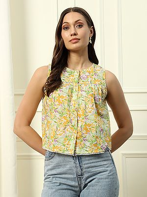Floral Print All Over And Sleeveless Fancy Cotton Short Top For Party Occasion