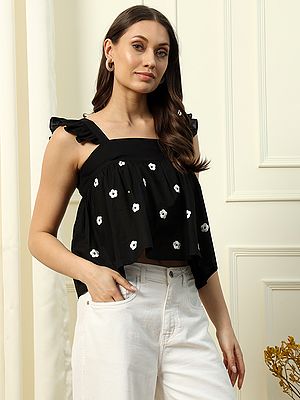Black Cotton Floral Print Work And Sleeveless Fancy Attractive Short Top