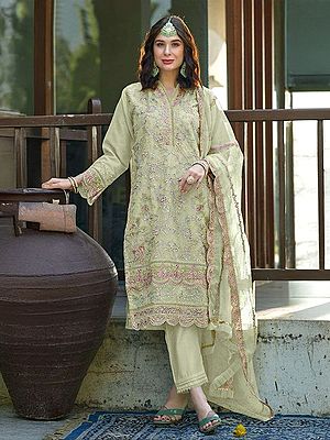 Organza Floral Embroidery And Sequins Work Kurta With Bottom And Matching Dupatta