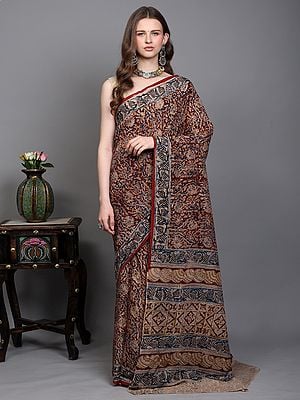 Red-Pear Handblock Kalamkari Printed Flowers Saree from Telangana