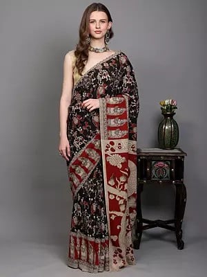 Kalamkari Saree from Telangana with Printed Warli Folk Art Motifs and Peacock-Elephant on Anchal