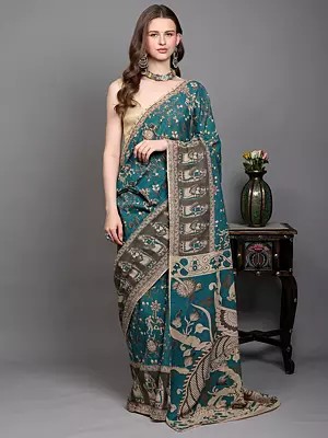 Kalamkari Saree from Telangana with Printed Warli Folk Art Motifs and Peacock-Elephant on Anchal