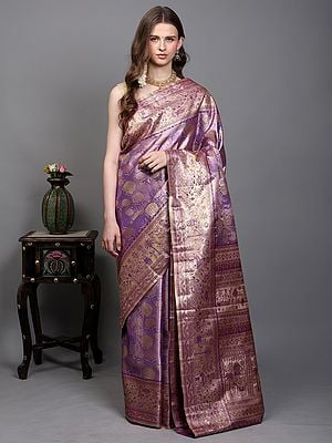 Regal-Orchid Saree from Bangalore and Woven Floral Motifs in Copper Colored Thread and Warli Art on Border-Pallu
