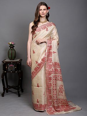 Alabaster-Gleam Kosa Tussar Silk Saree from Bengal with Hand-Block Printed Folk Tribal Musician Figures