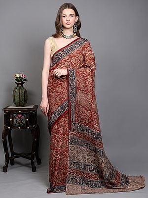 Savvy-Red Handblock Printed Kalamkari Saree with Floral Motifs from Telangana