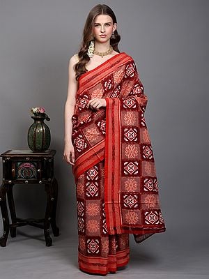Biking-Red Pure Cotton Ikat Handloom Saree from Sambalpur with Rudraksha Woven Border