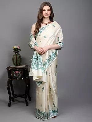 Kosa Tussar Silk Saree with Hand Block Printed Tribal Drummer Figures from Bengal