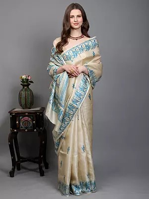 Kosa Tussar Silk Saree with Hand Block Printed Tribal Drummer Figures from Bengal