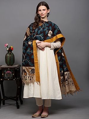Kalamkari Dupatta from Telangana with Printed Peacock-Floral Leaf and Zari Border