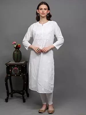 Bright-White Pure Cotton Floral Lukhnavi Chikankari Embroidered Long Kurti