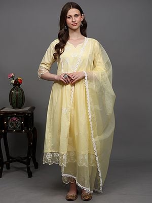 Mellow-Yellow Pure Cotton Anarkali Style Salwar Suit with Thread Embroidered Floral Roses and Scalloped Border Net Dupatta