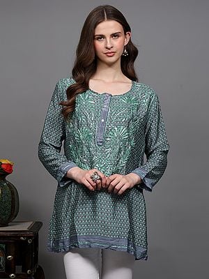 Crepe Printed Short Kurti with Chikankari Embroidery