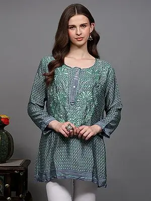 Crepe Printed Short Kurti with Chikankari Embroidery