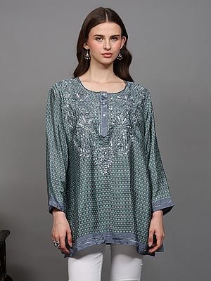 Crepe Printed Short Kurti with Chikankari Embroidery