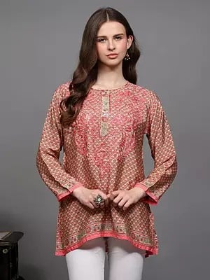 Short Kurti with Chikankari Embroidery on Neck and Printed Bootis