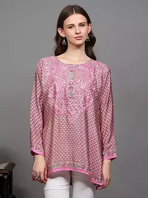 Short Kurti with Chikankari Embroidery on Neck and Printed Bootis