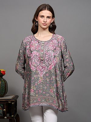 Floral Printed Crepe Short Kurti with Chikankari Embroidery