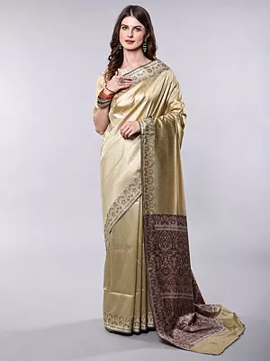 Creme-Brulee Plain Banarasi Saree with Woven Floral Vine Border and Contrast Anchal