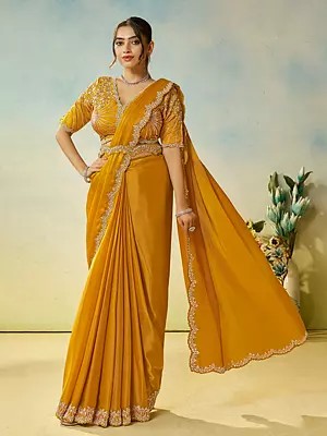 Elegant Satin Silk Saree With Dual Sequence Embroidery And Multi Stone Handwork Featuring Stitched Blouse For Festive Occasions