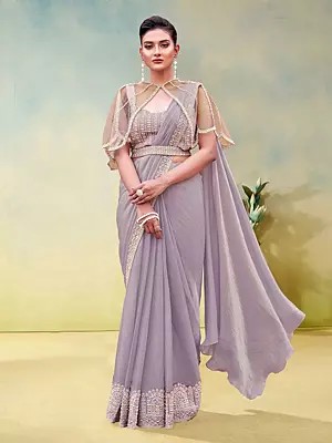 Grand Celebration Two Tone Satin Silk Saree Crafted With Exquisite Sequence Pearl Detailing For Bridal Wedding