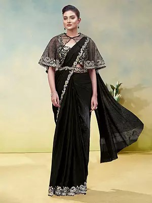 Designer Two Tone Satin Silk Saree Embellished With Dual Sequence And Pearl Work For Bridal Wedding Reception And Party Wear