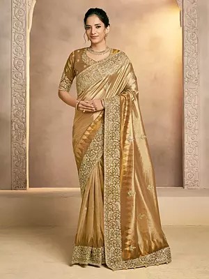 Woven Zari Kora Silk Saree With Sequins Embroidery Highlighted Zardozi Handwork For Wedding Festive Occasion For Women