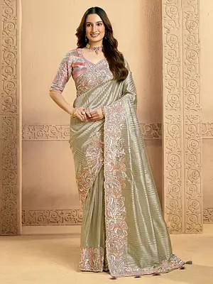 Handwoven Zari Tissue Saree With Four Sequin Embroidery Swarovski Work Designer Party Wear Ethnic Saree For Women