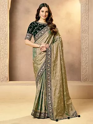 Luxury Kora Zari Tissue Silk Saree With Exquisite Aari Zardozi Handwork And Embroidery Ethnic Wear For Women