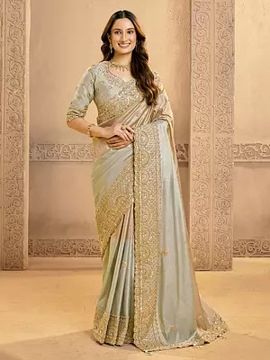 Metallic Kora Zari Silk Saree With Sequins Beads Work And Scalloped Border Elegant Wedding And Festive Wear