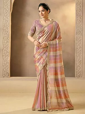 Handwoven Banarasi Tissue Saree With Pearl And Beads Embellishment Scalloped Border Traditional Designer Saree For Wedding