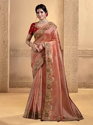 Pure Twill Tissue Saree With Pure Khatli Work And Sequin Traditional Designer Saree For Wedding Festive And Bridal Wear