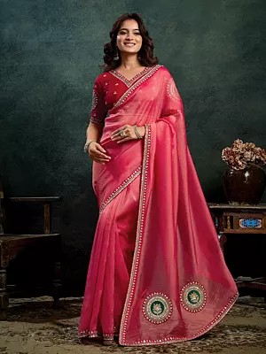 Zari Organza Silk Saree With Sequins Embroidery Stone And Applique Work Designer Party Wear Saree For Women