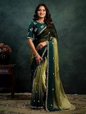 Two Tone Satin Silk Saree With Sequins Embroidery Multi Stone And Handwork Designer Party Wear Saree For Women