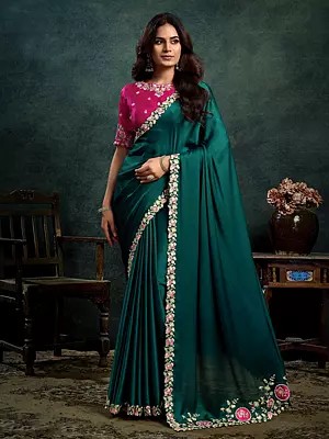 Satin Silk Saree With Multi Thread Motif Embroidery Stone And Applique Work Designer Party Wear Saree For Women