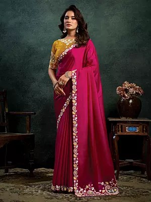 Designer Satin Silk Saree With Multi Thread Motif Embroidery Stone Work And Applique Handcrafted Party Wear Saree For Women