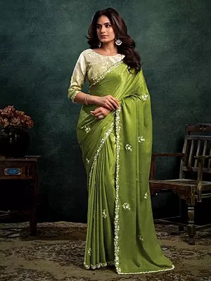 Elegant Designer Two Tone Satin Silk Saree With Dual Sequins Embroidery Pearl Stone And Handwork Party Wear Saree For Women