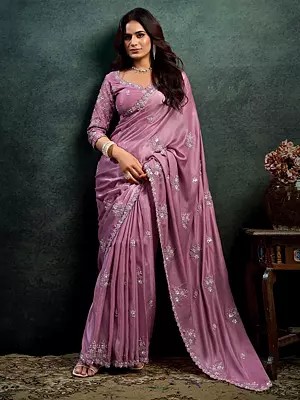 Soft Satin Saree With Sequins Embroidery Pearl And Stone Handwork Designer Party Wear Wedding Saree For Women